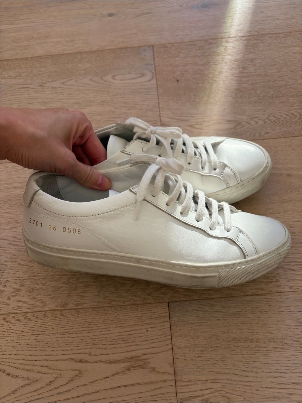 Common Projects White Low-Top Leather Sneakers with Gold Serial Detail